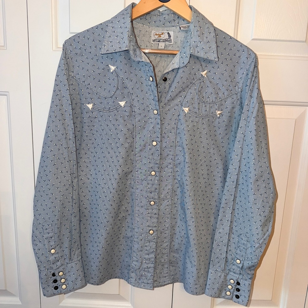 Panhandle Slim Retro Western Shirt Blue Pinstripe Floral Pearl Snap Star L